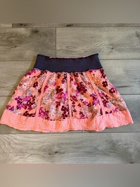 Free People Salmon Floral Mini Skirt with Navy Elastic Waist Size Small